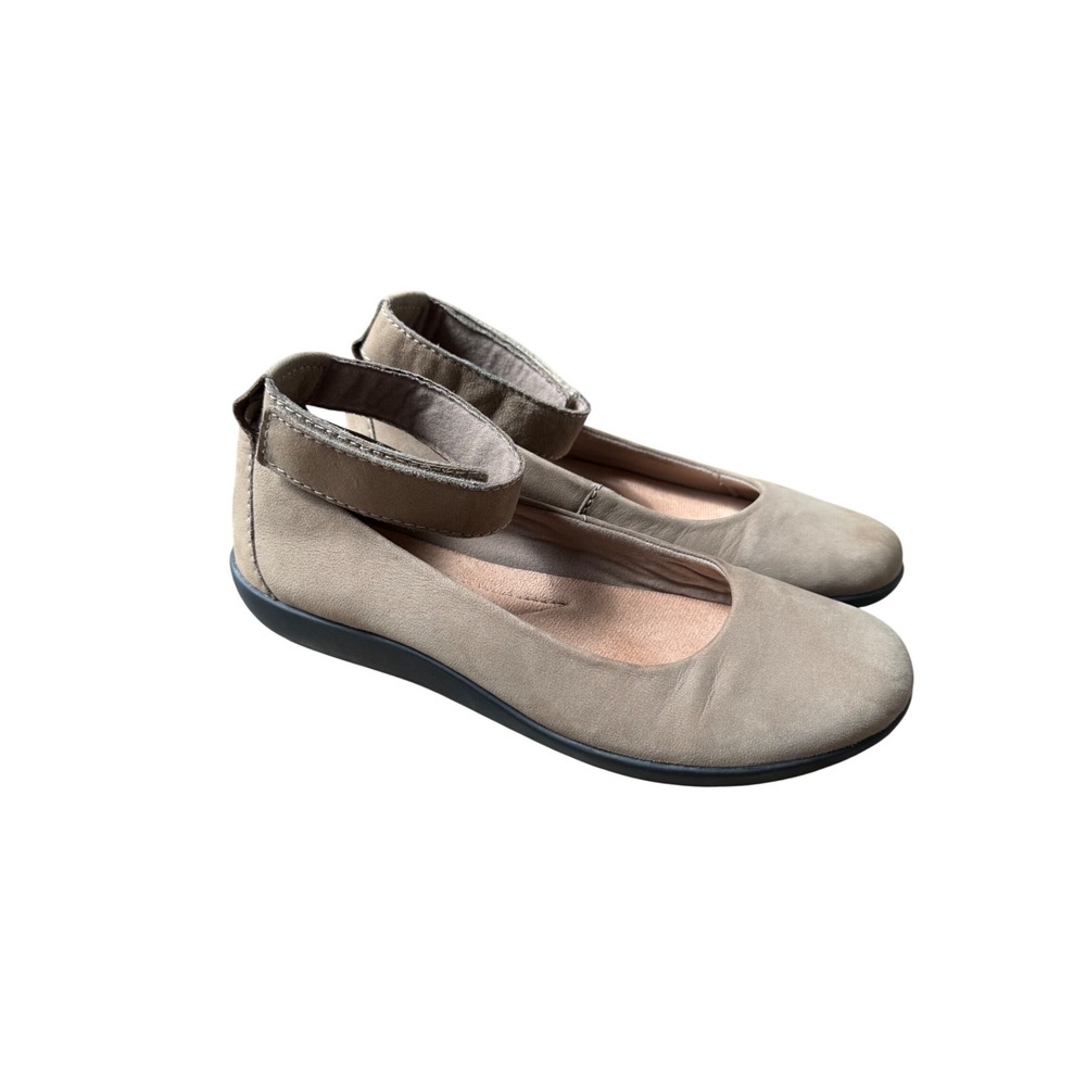Clarks Cushion Taupe Ankle Strap Ballet Mary Jane Flat Shoe 5.5 Academia 60s Mod
